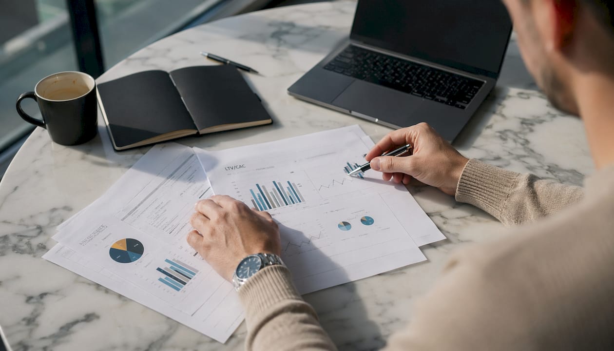 Des mains passent en revue des documents présentant les principaux indicateurs financiers.