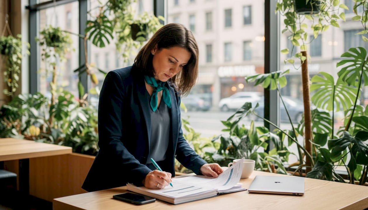 Professional woman reviewing AI business decisions