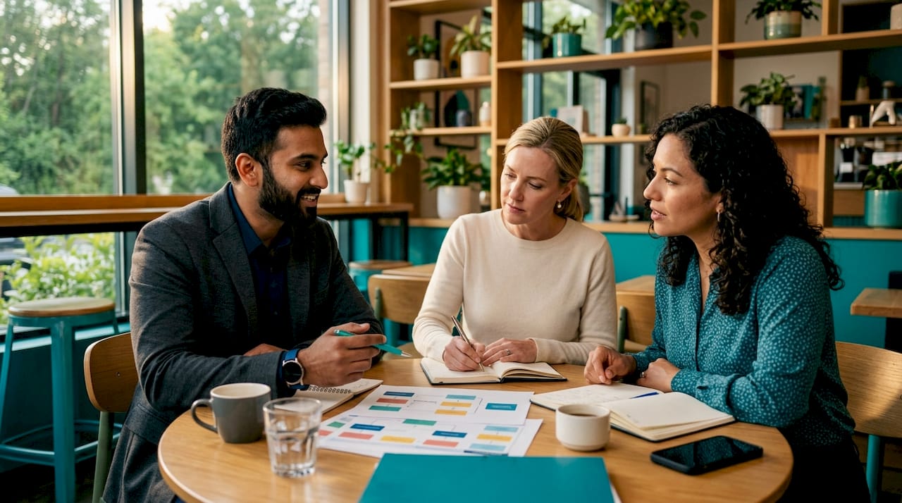 Multicultural team collaborating on AI workflows