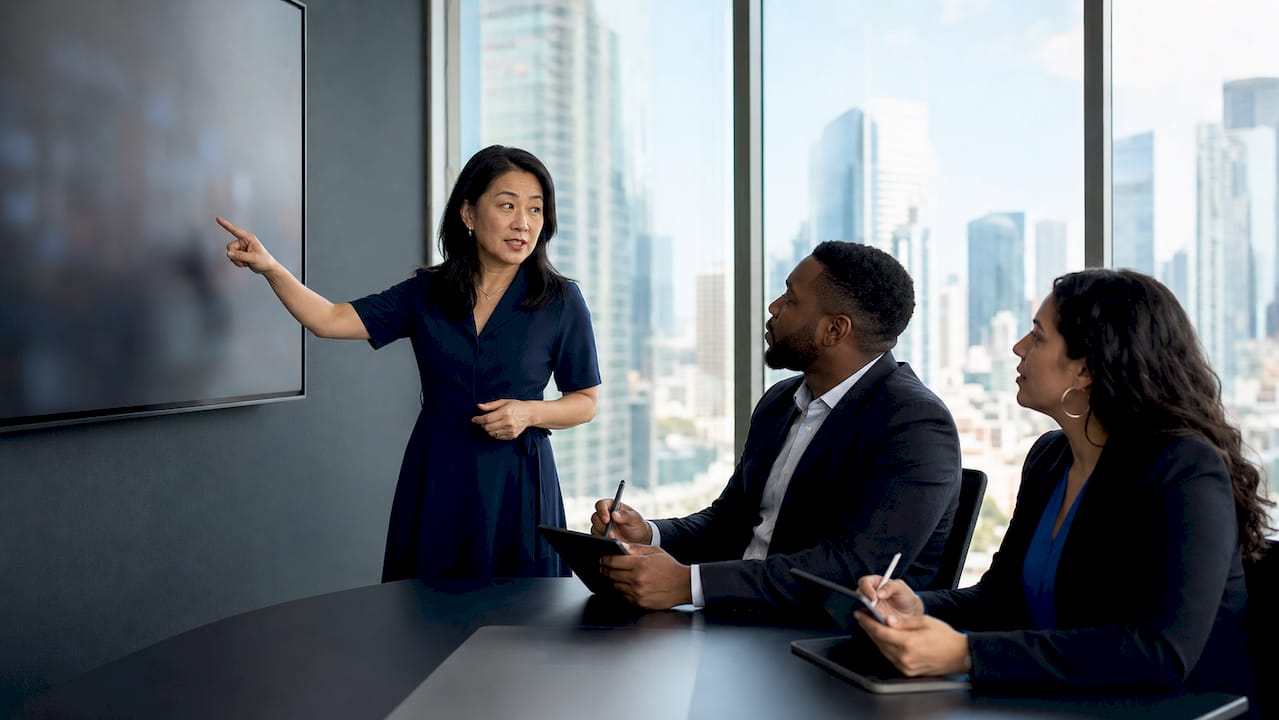 Business leader explaining AI metrics to team