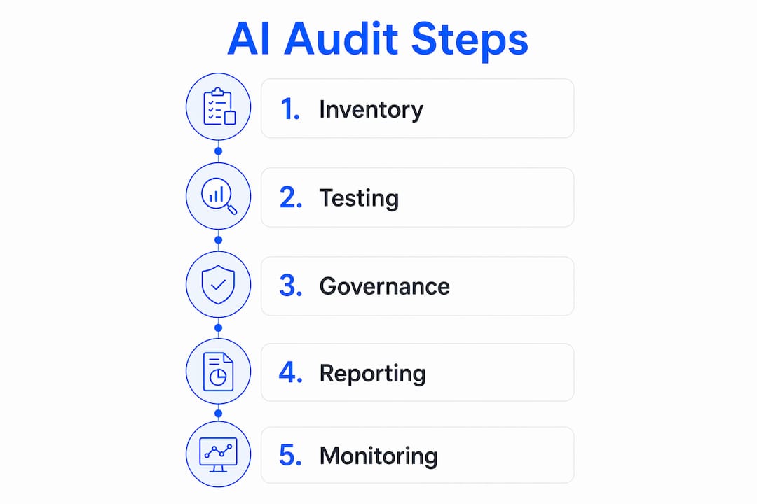 Infographic showing post-implementation AI audit process steps