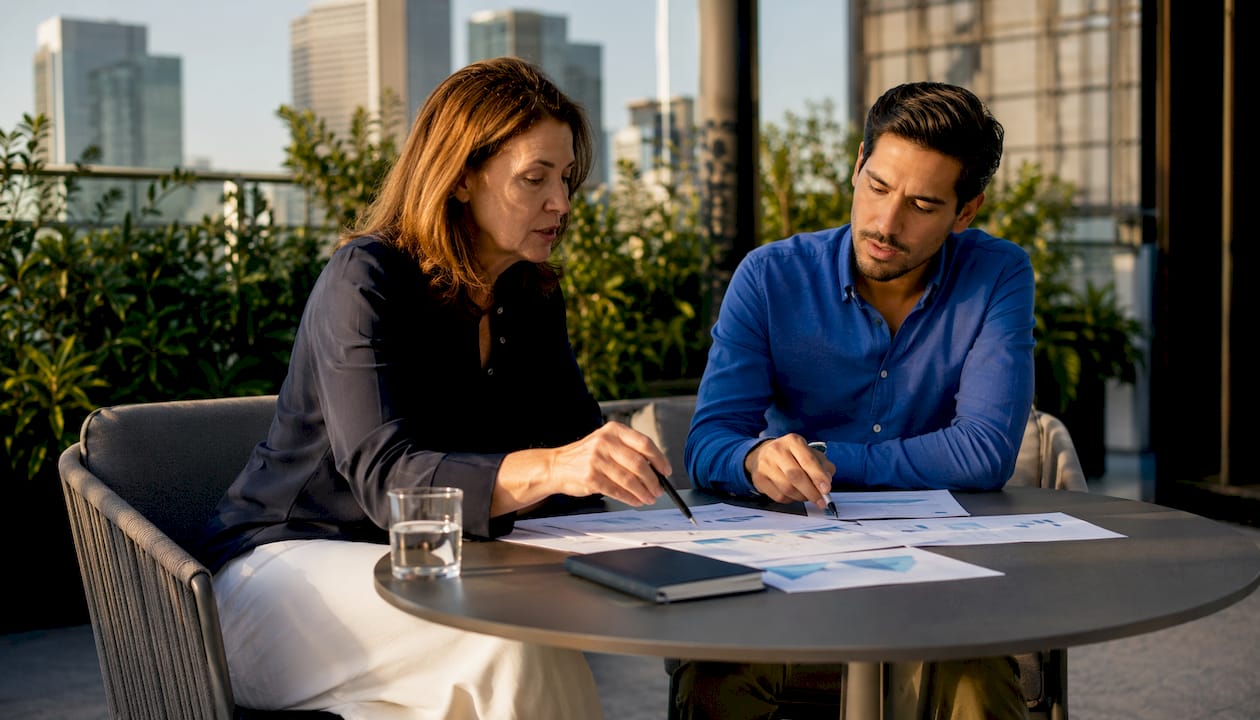 Two colleagues discussing chatbot implementation