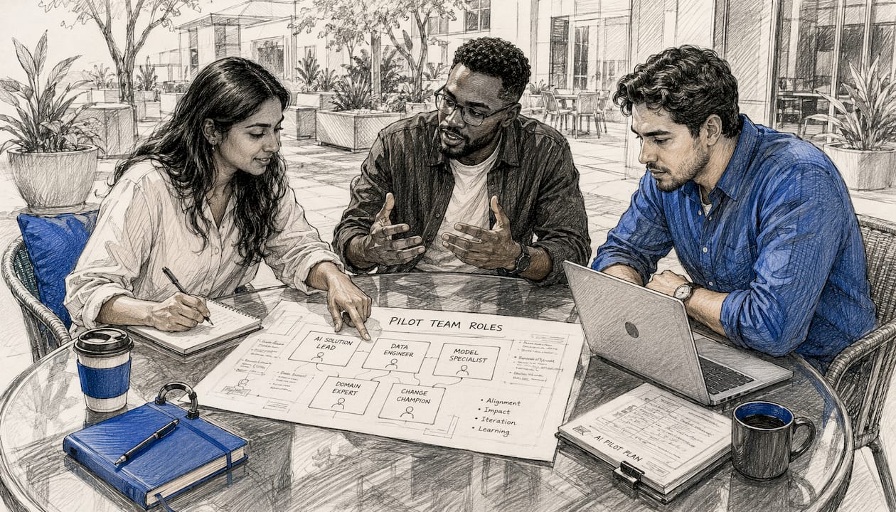 Collaborative hands discussing AI pilot team roles