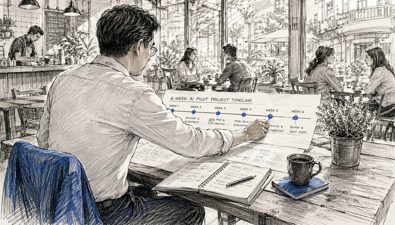 Man arranging printed AI pilot timeline sheets at desk