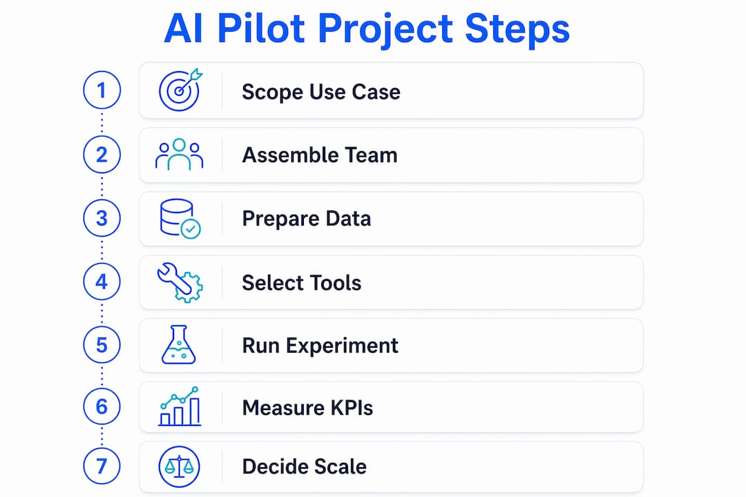 Infographic showing seven steps of AI pilot project process