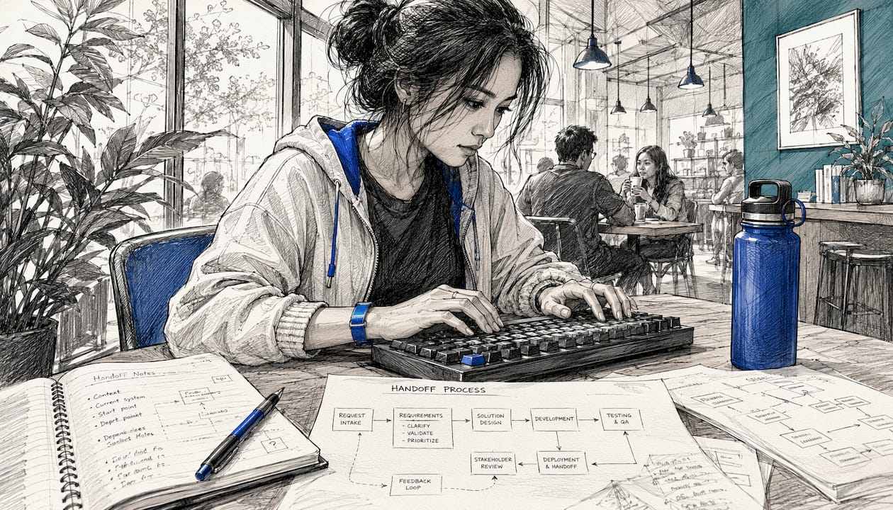 Over-the-shoulder view of engineer working on chatbot design