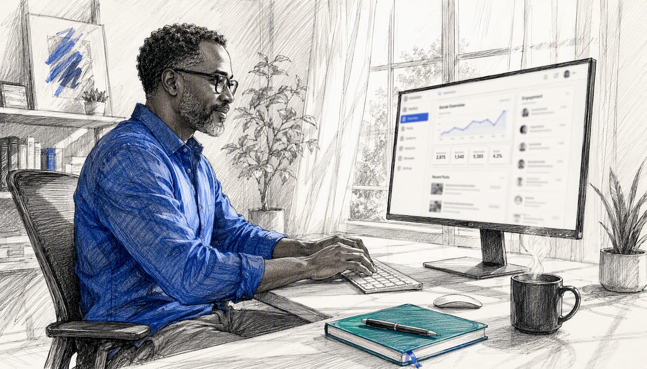 Hands typing on keyboard near social media dashboard