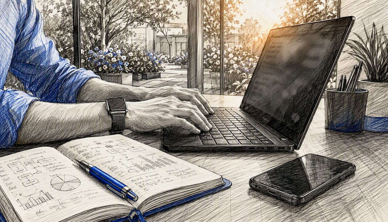 Hands typing on laptop at data integration setup
