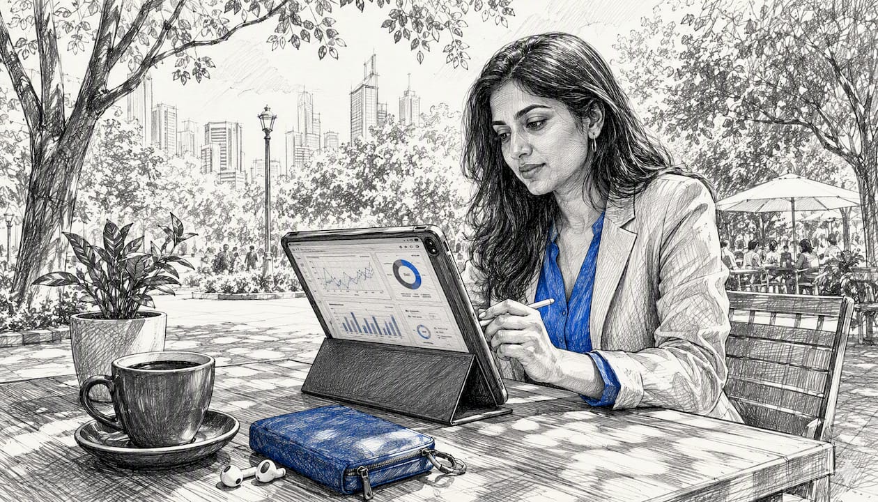 Woman accessing real-time data dashboards on tablet