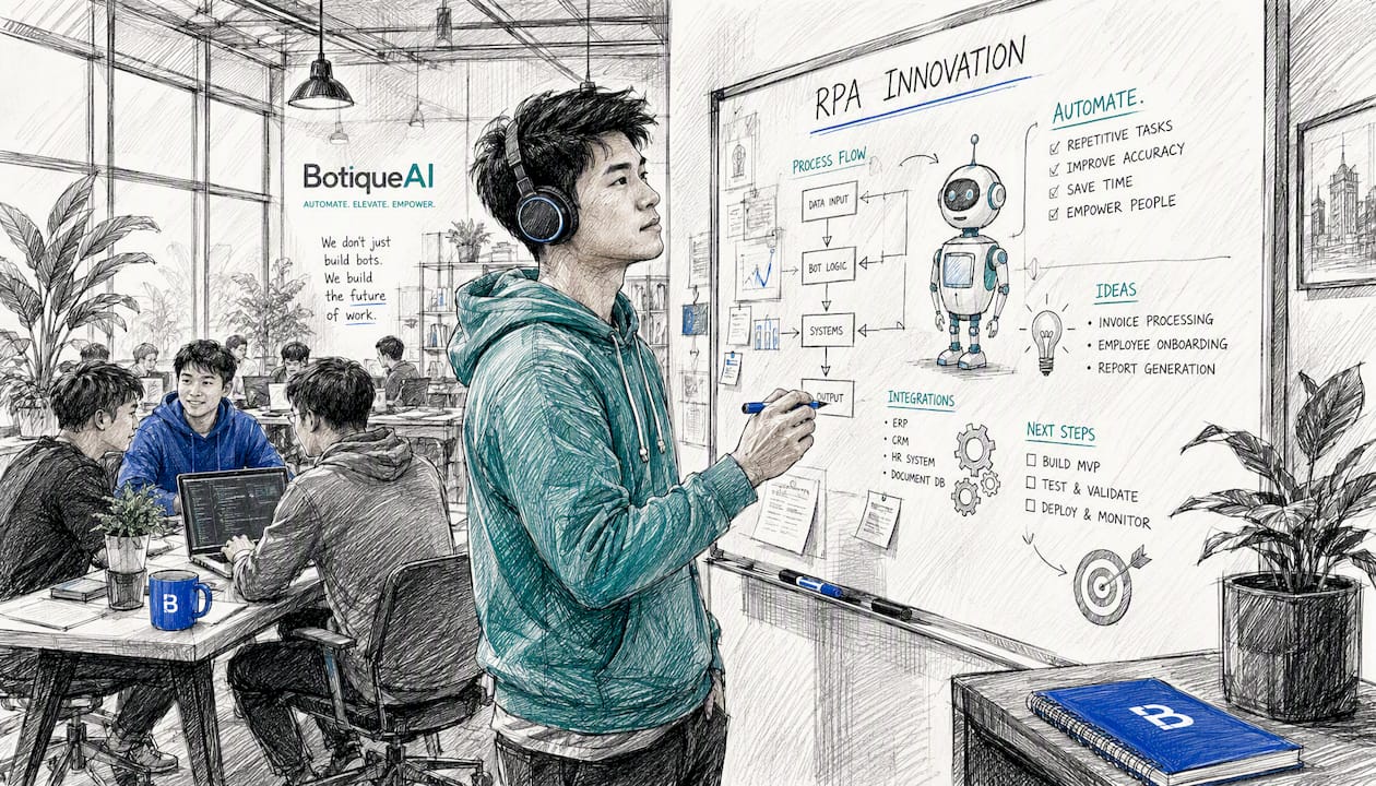 Technician working on RPA software at co-working desk