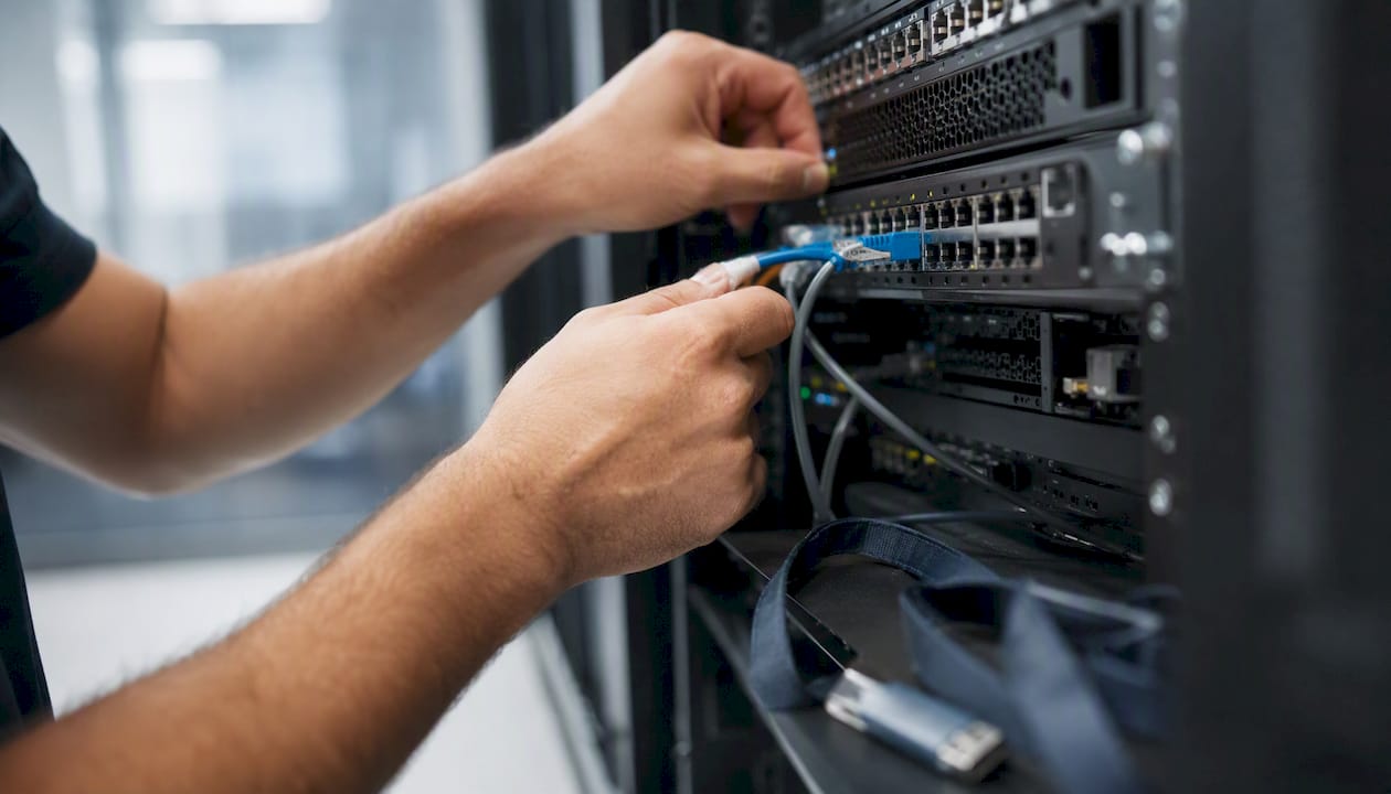 Des mains s’affairent à brancher des câbles dans une baie informatique, assurant la connexion des serveurs.