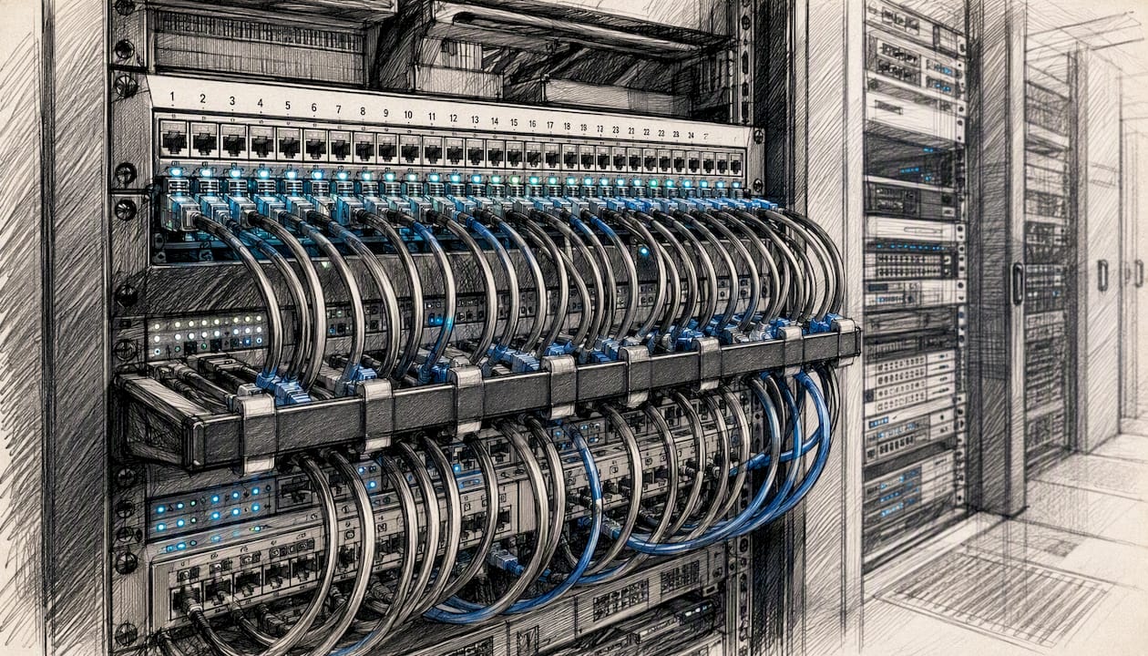 Close-up illuminated network patch panel cables