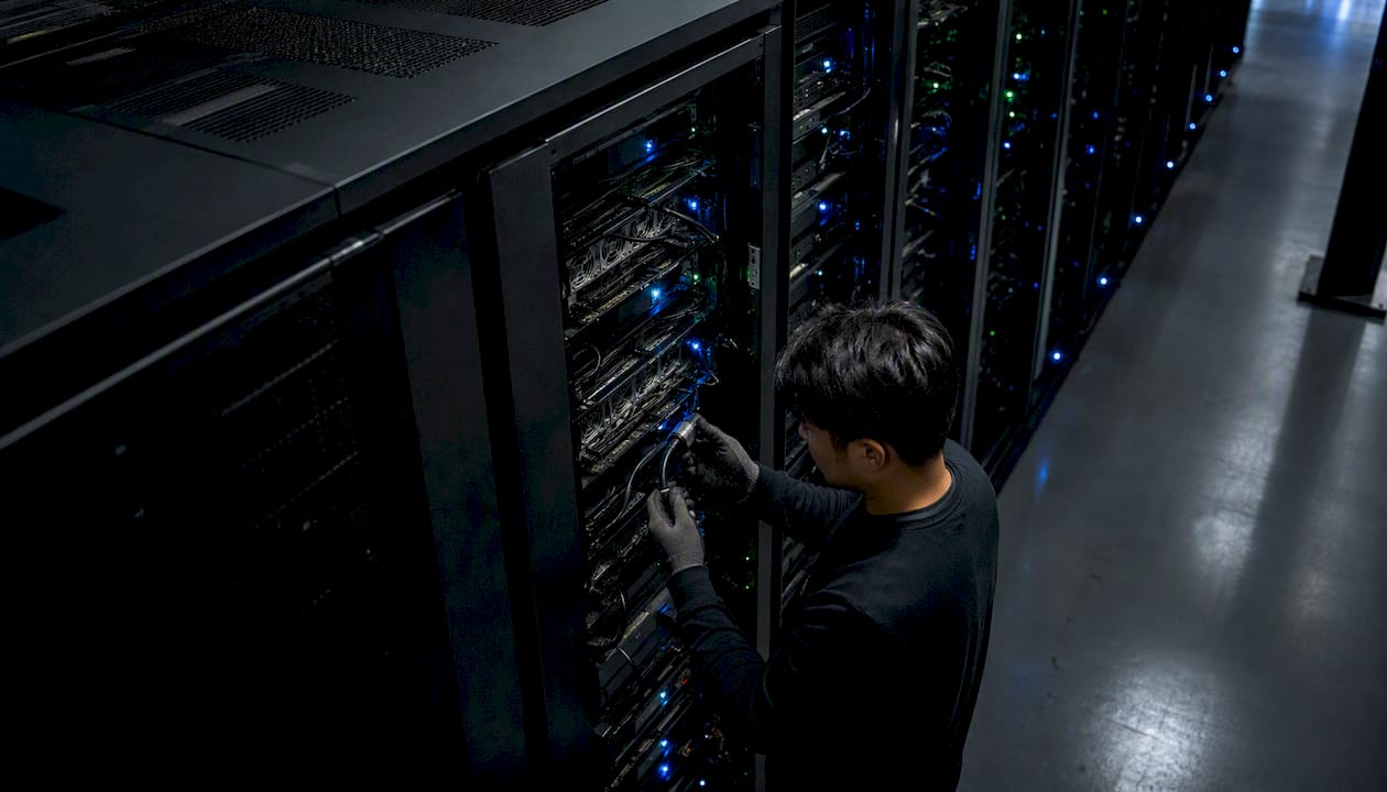 Un technicien en train de raccorder un serveur GPU dans un centre de données en colocation.
