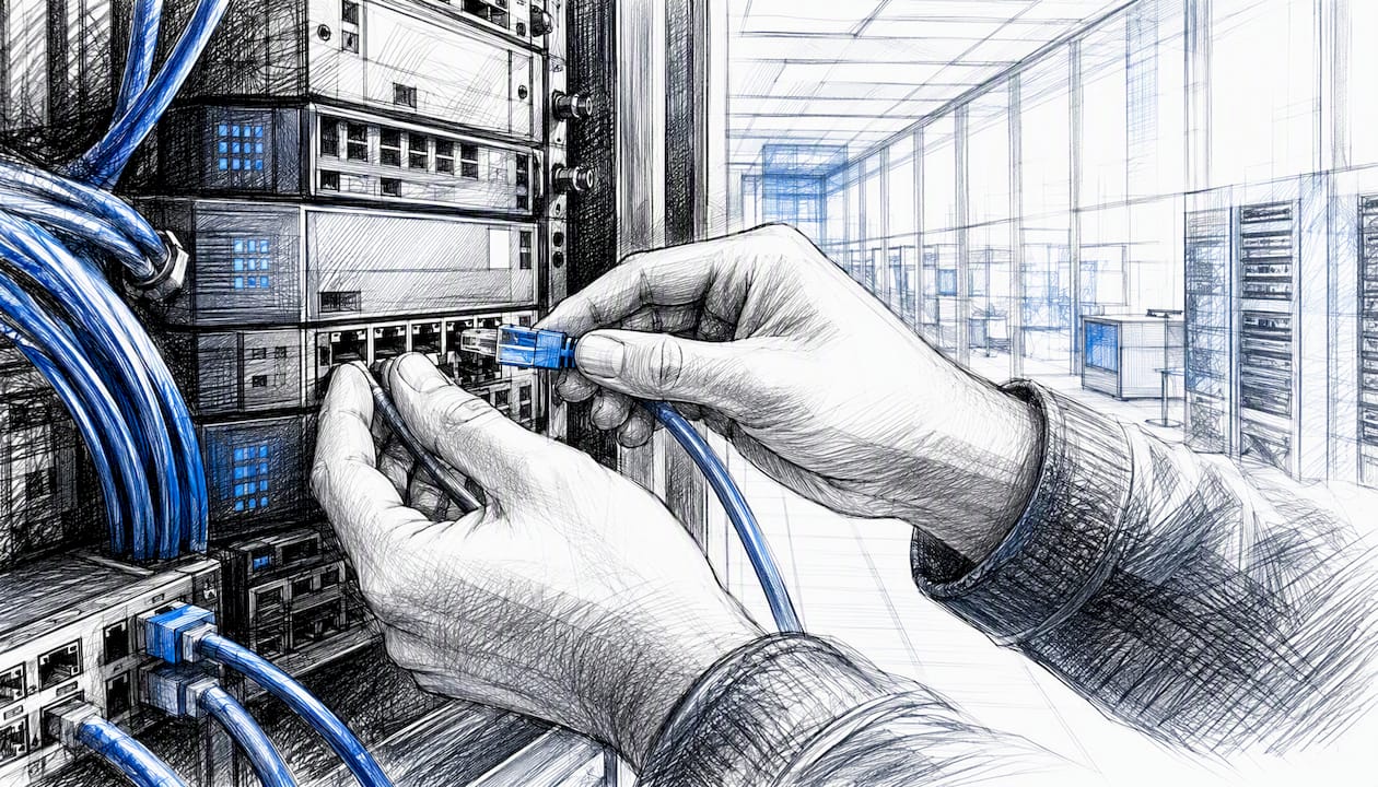 Hands connecting cable to server rack in data center