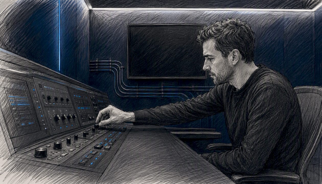 Hands adjusting control panel in AI monitoring room