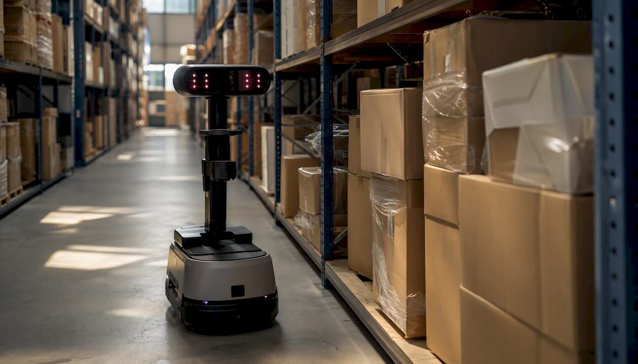 Un robot autonome effectue le contrôle des colis dans l’entrepôt.