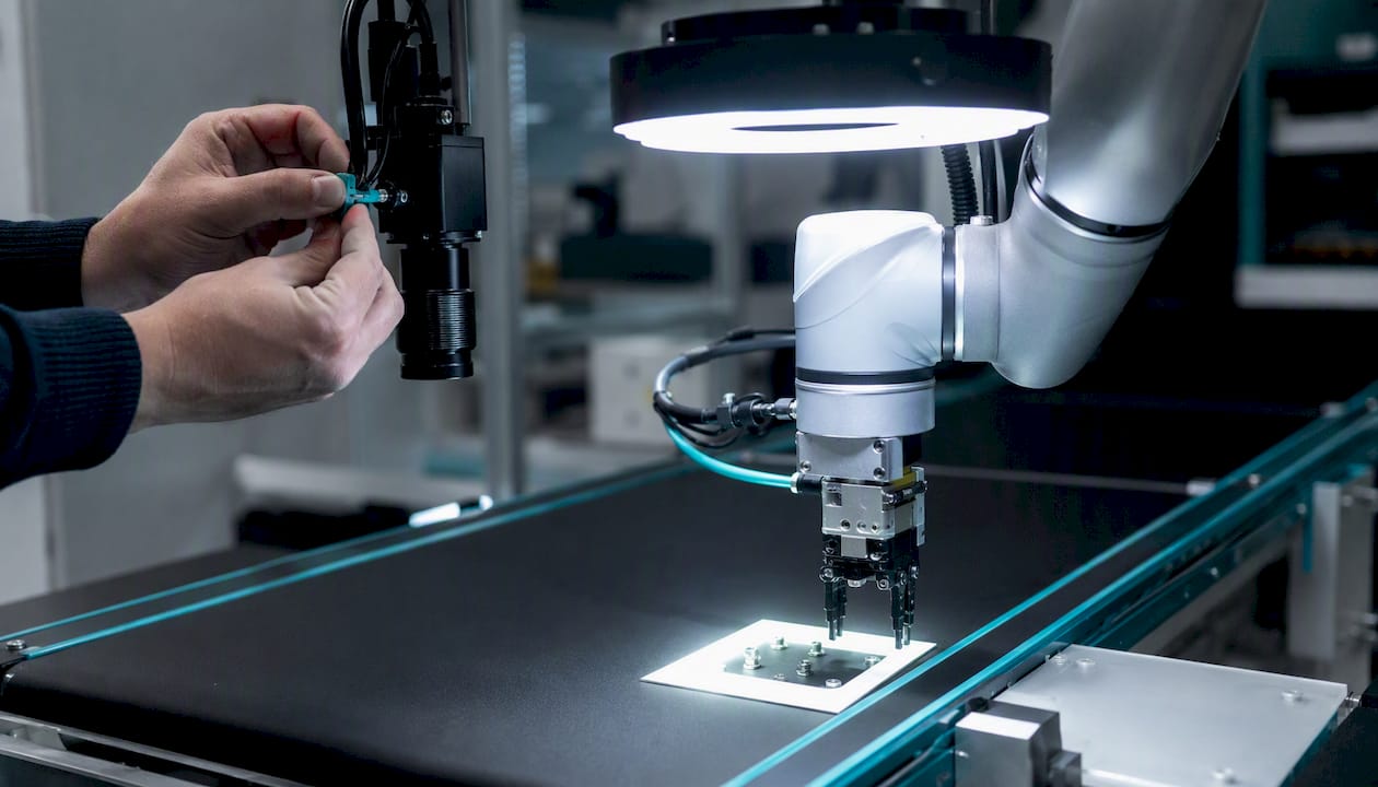 Un bras robotisé contrôle minutieusement les pièces qui défilent sur la chaîne de production.