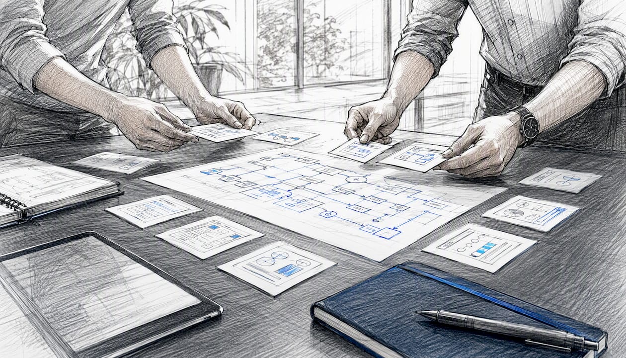 Hands organizing AI pipeline documentation