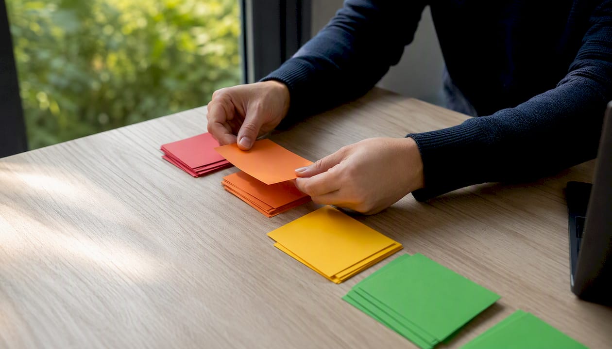 Des mains trient des cartes de couleur selon leur niveau de risque.