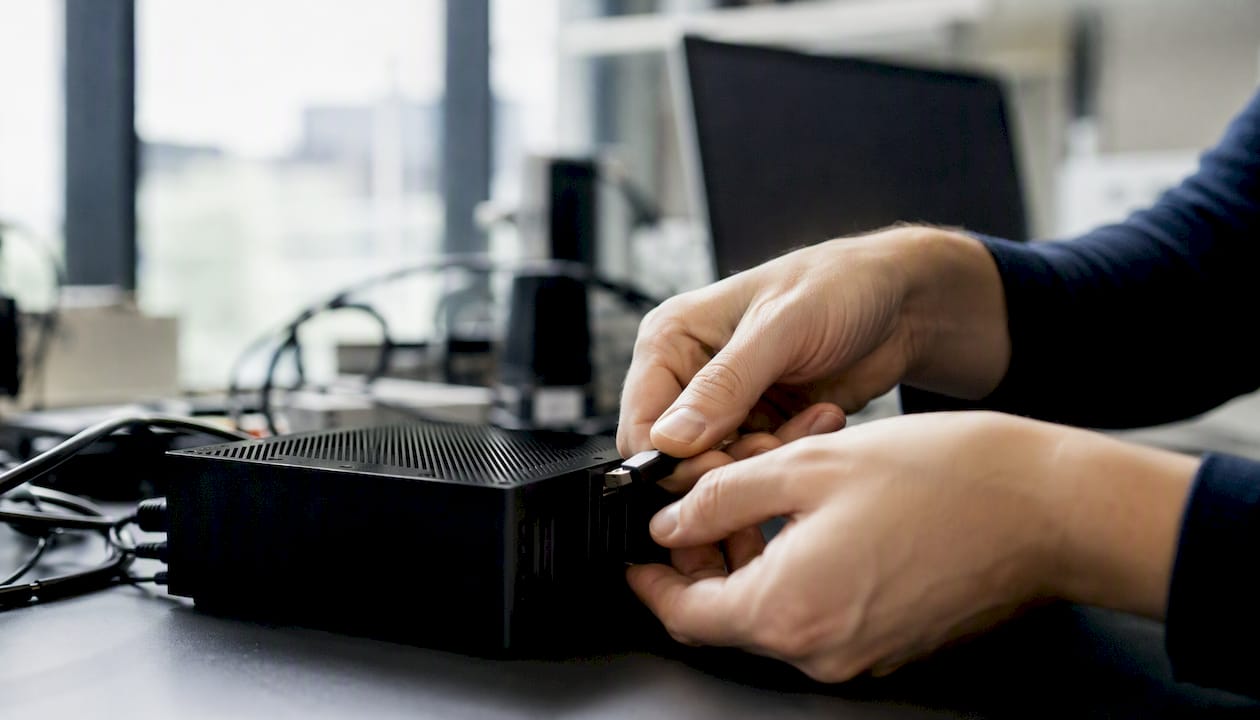 Des mains en train de brancher une clé USB sur un appareil de test dédié à l’intelligence artificielle.