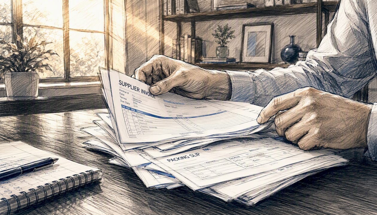 Hands sorting paper invoices on desk