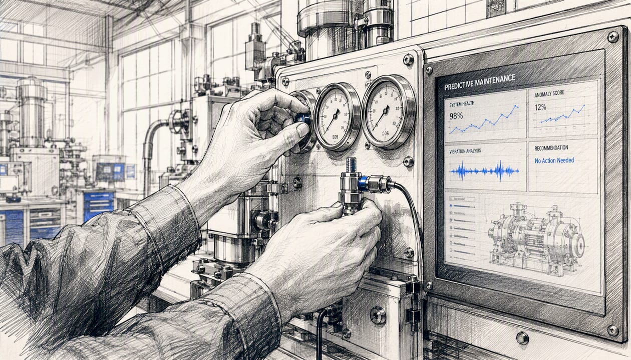 Technician hands adjusting factory machinery controls