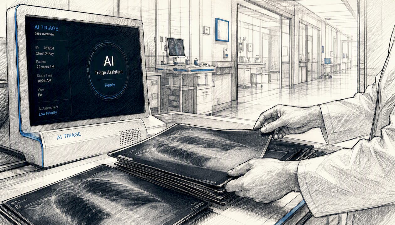 Hands organizing radiology films with AI device off-screen