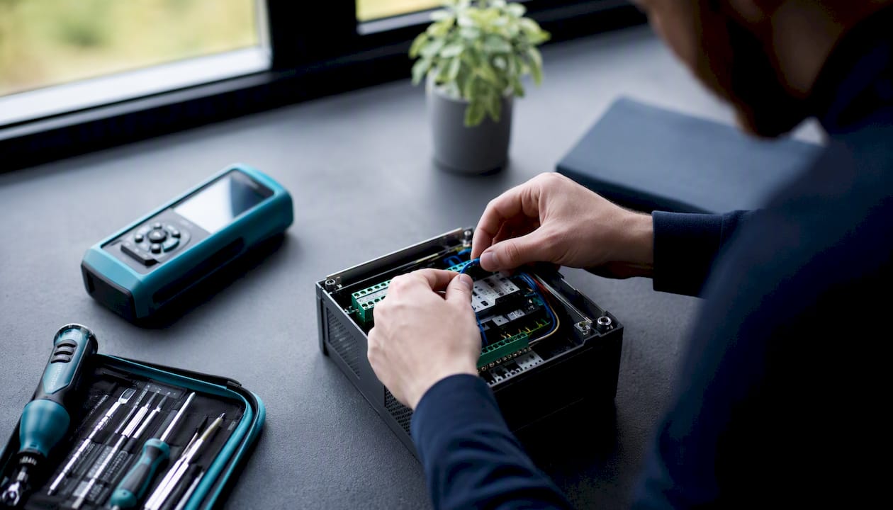 Des mains branchent des câbles sur un appareil d’automatisation.