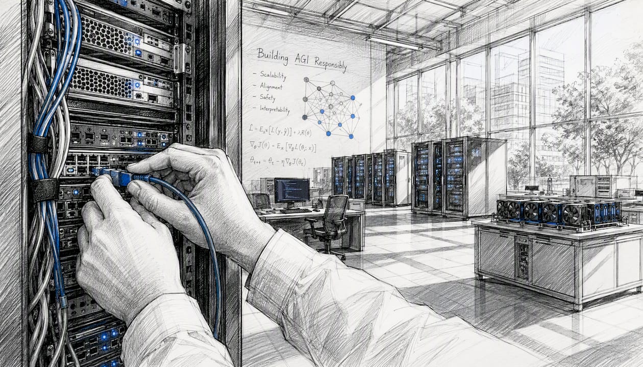 Hand adjusting cable in AI research lab