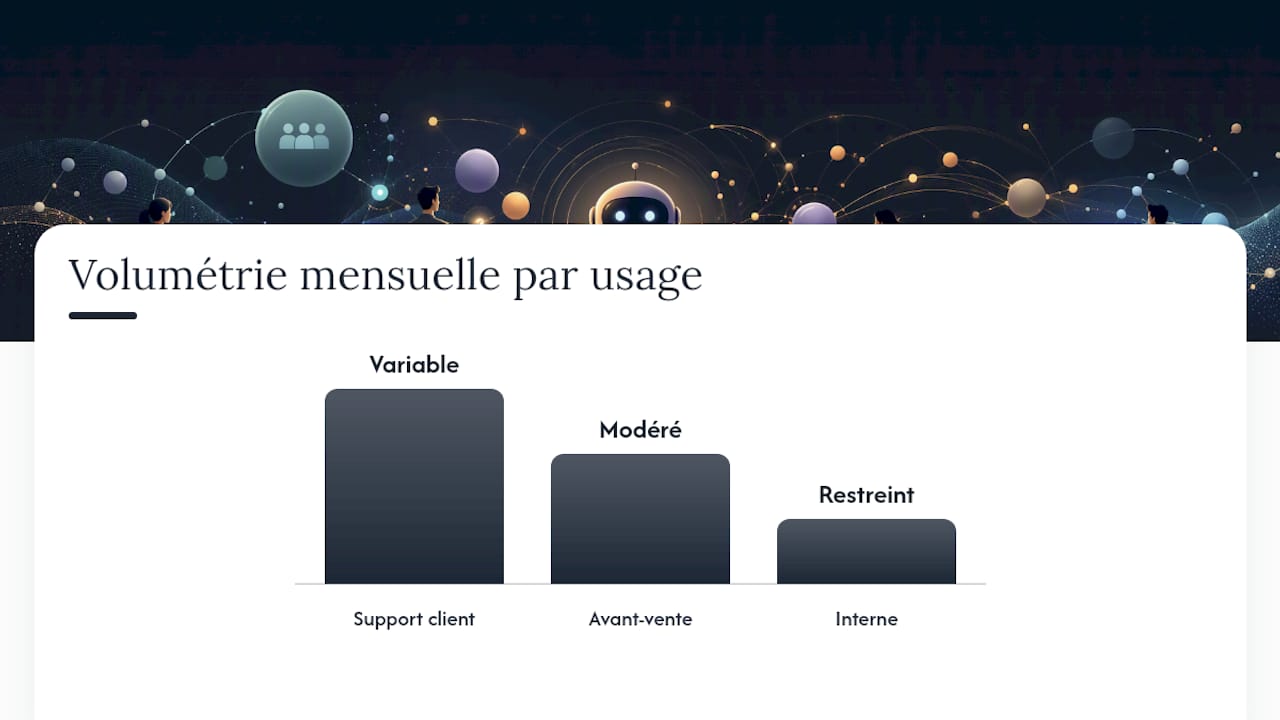 Schéma des différents usages des chatbots, avec indication du volume associé à chaque cas d’utilisation