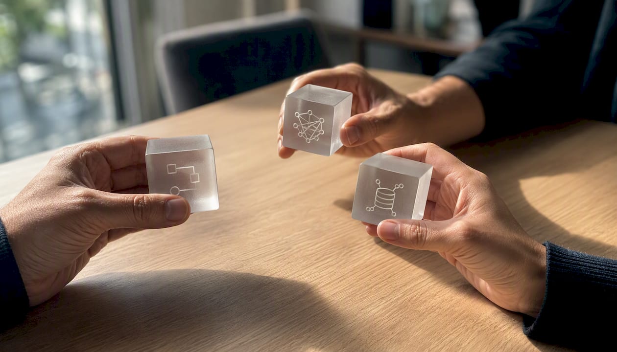 Des mains présentent délicatement des cubes translucides, illustrant les différentes formes que peut prendre la technologie des chatbots.