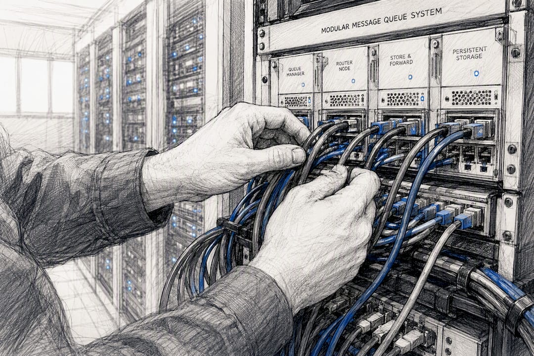 Technician hands routing cables in server rack