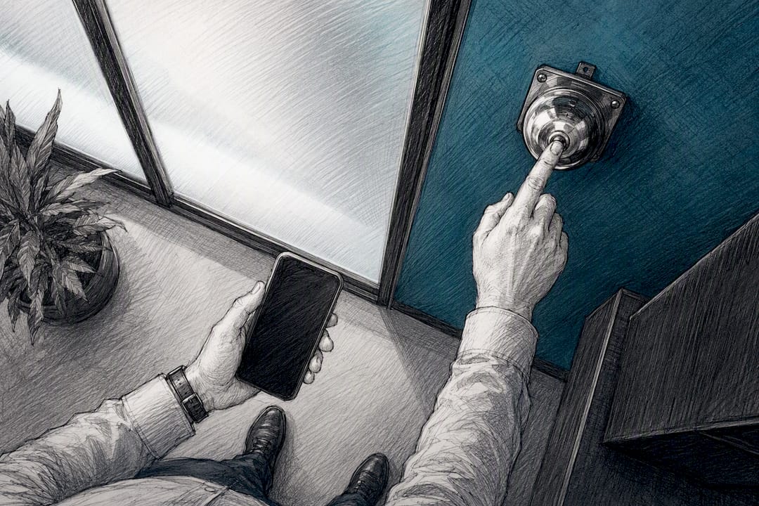 Hands pressing notification bell near workspace