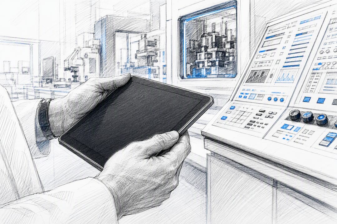 Hands holding tablet near control panel in tech lab