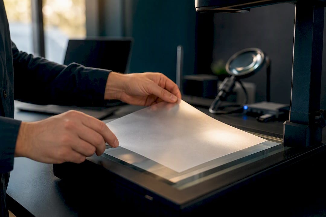 Des mains déposent un document afin qu’il soit vérifié par une intelligence artificielle.