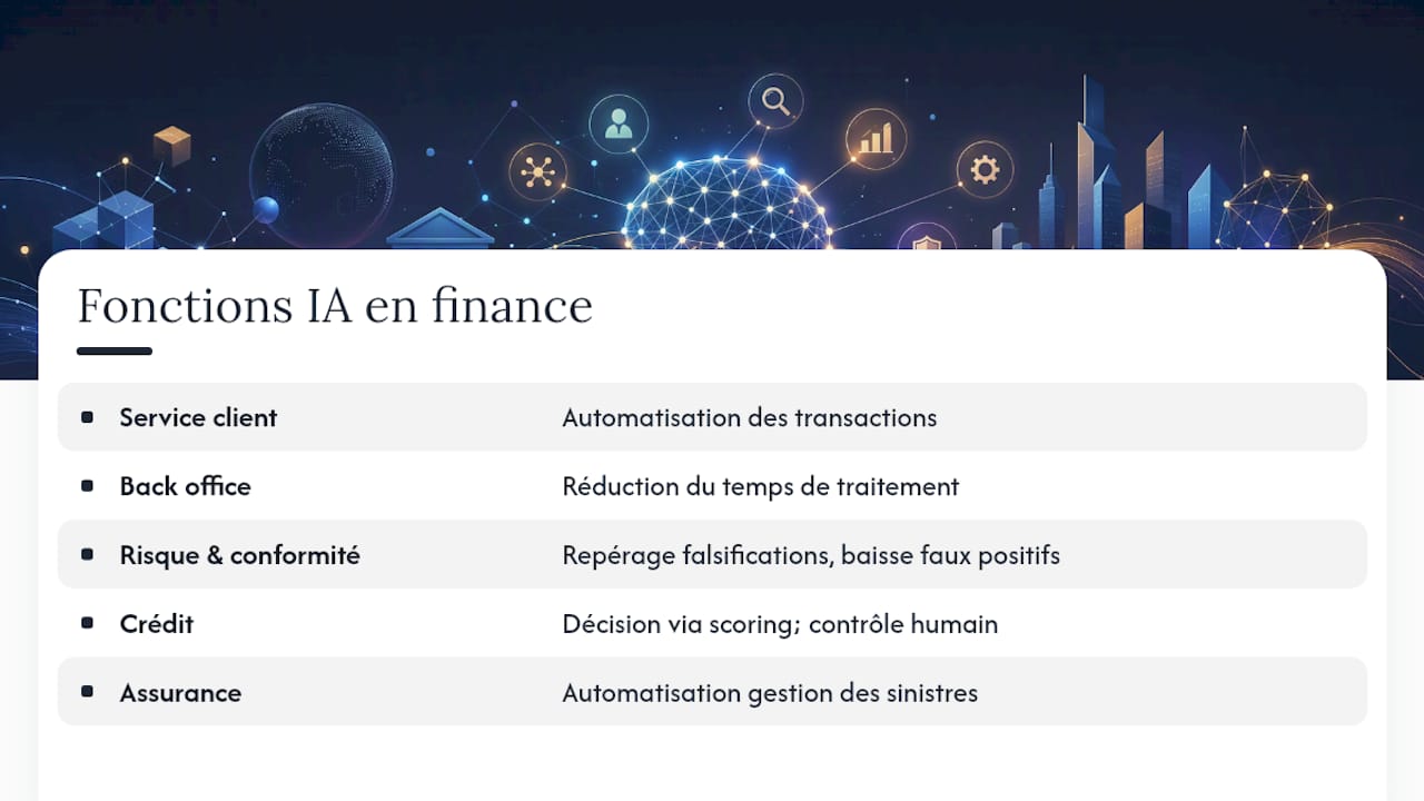 Schéma illustrant cinq applications clés de l’intelligence artificielle dans le secteur financier