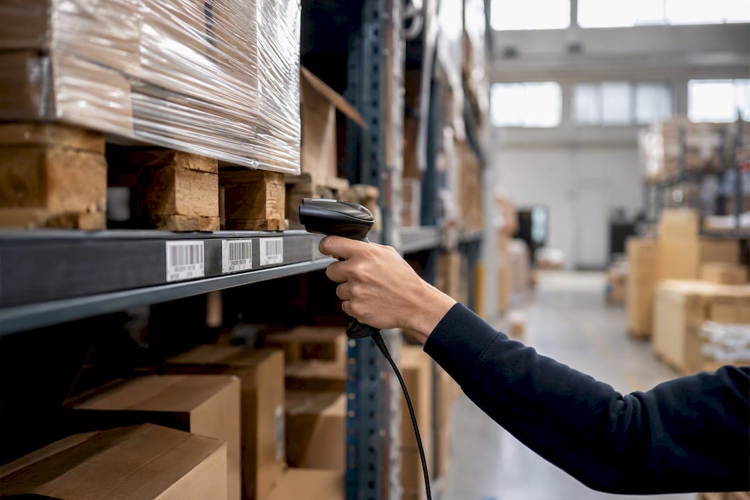 Mains scannant le stock dans un entrepôt automatisé