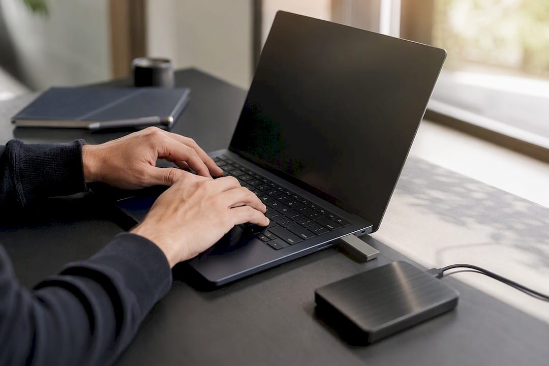 Mains sauvegardant les données d'un site web sur un ordinateur portable