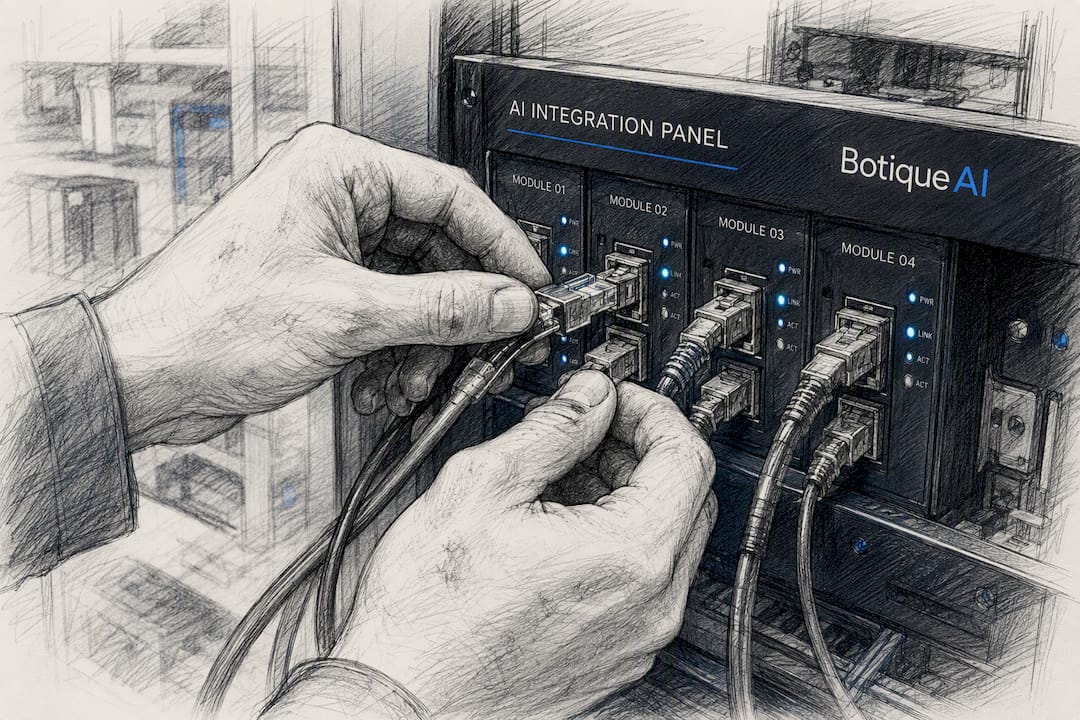 Hands adjusting AI data integration cables