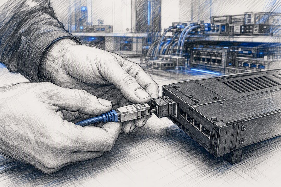 Hands plugging connector into AI device
