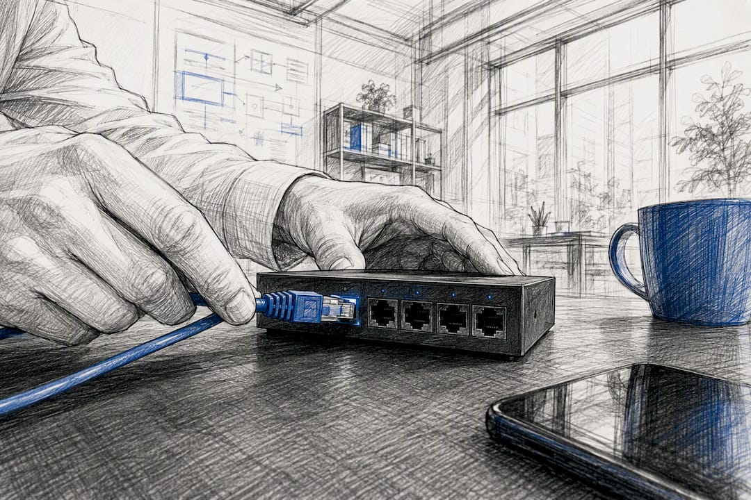 Hands connecting network device for chatbot integration