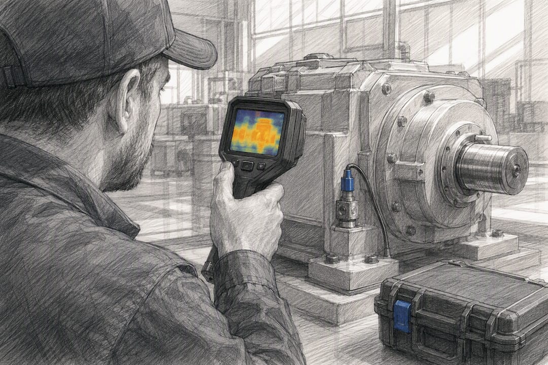 Technician inspecting gearbox with thermal camera