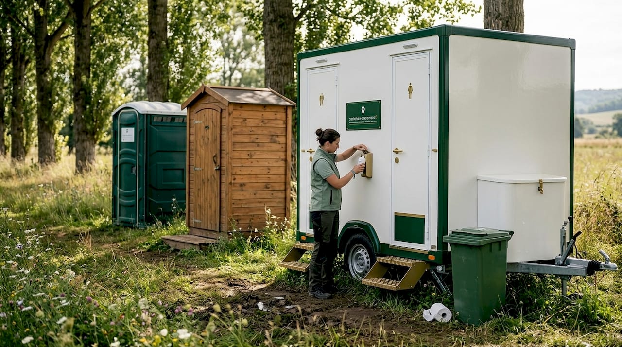 Plusieurs modèles de toilettes mobiles installés les uns à côté des autres en extérieur.