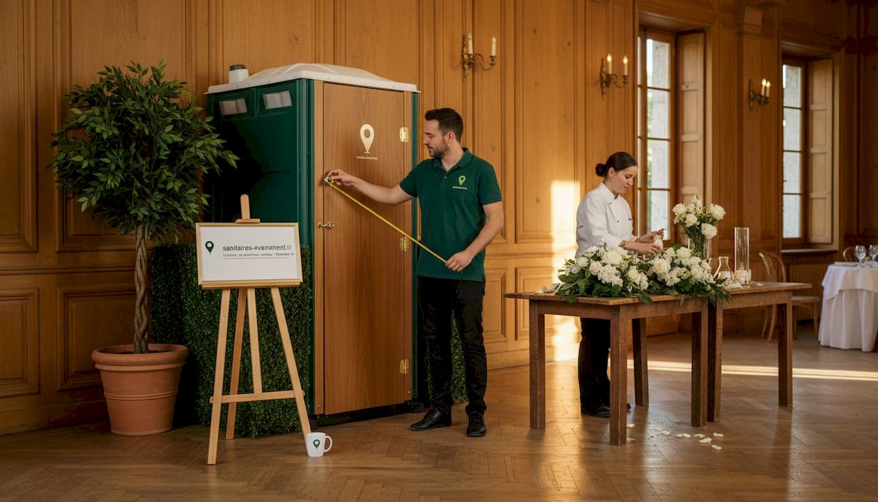Un technicien vérifie l’emplacement prévu pour les sanitaires dans le jardin.