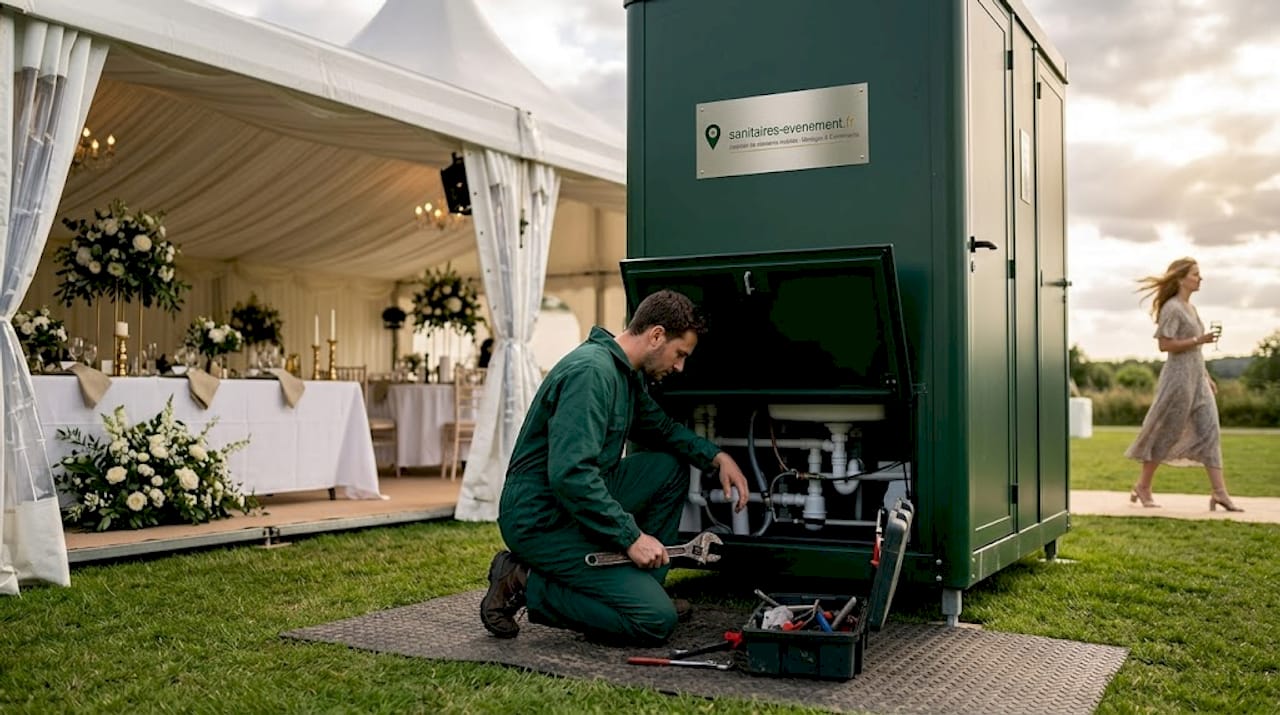 Un technicien procède à l’entretien d’une cabine sanitaire modulable en extérieur.