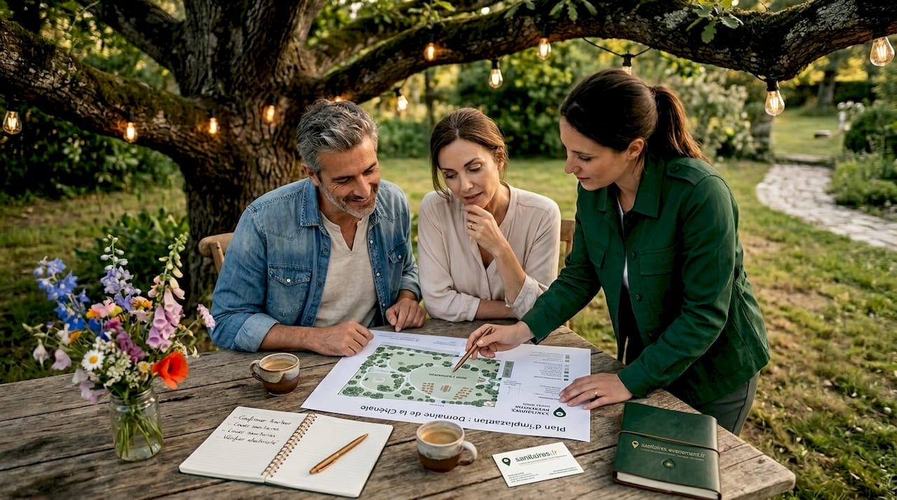 Un couple échange avec leur organisatrice de mariage pour finaliser les préparatifs en plein air.