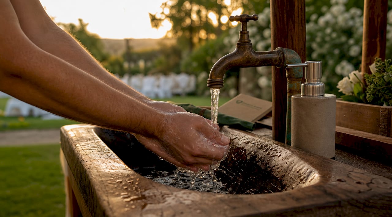 Gros plan sur le lavage des mains à une borne d’hygiène lors d’un mariage en plein air