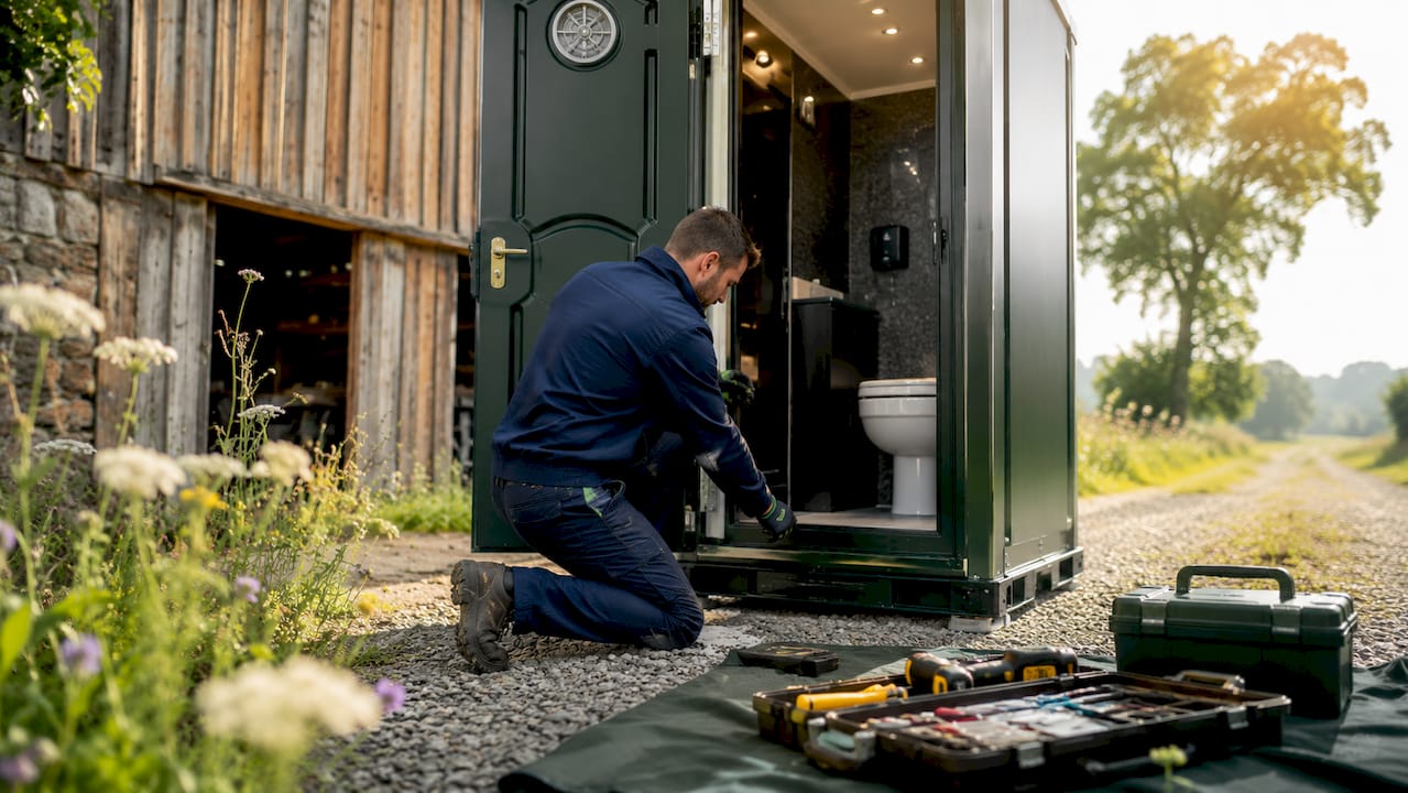 Un technicien procède à l’installation d’une cabine sanitaire haut de gamme.