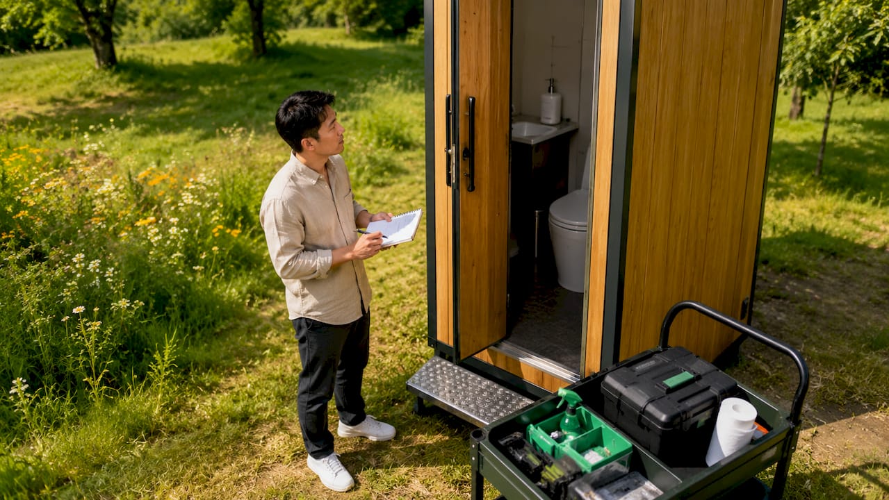 Un technicien procède à la vérification des sanitaires mobiles installés pour un mariage.