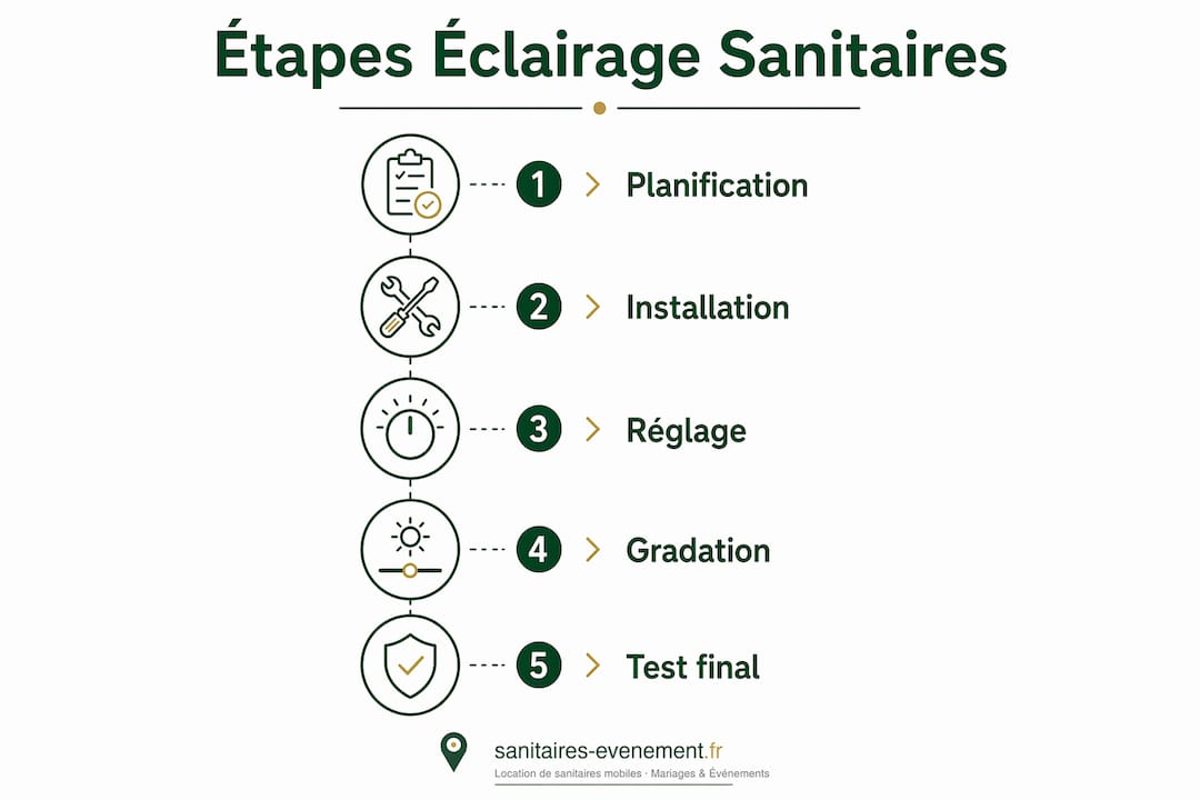 Infographie présentant les différentes étapes essentielles pour réussir l’éclairage des sanitaires